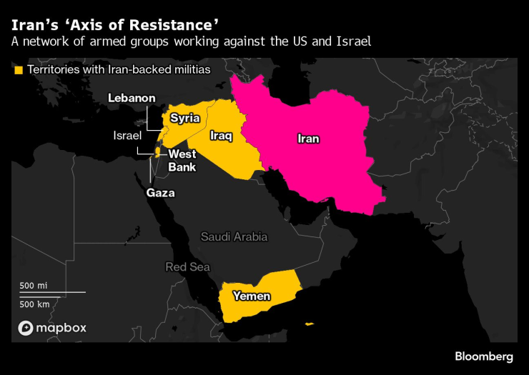 Иранската "ос на съпротивата" - в жълто са страните с подкрепяни от Иран милиции. Графика: Bloomberg