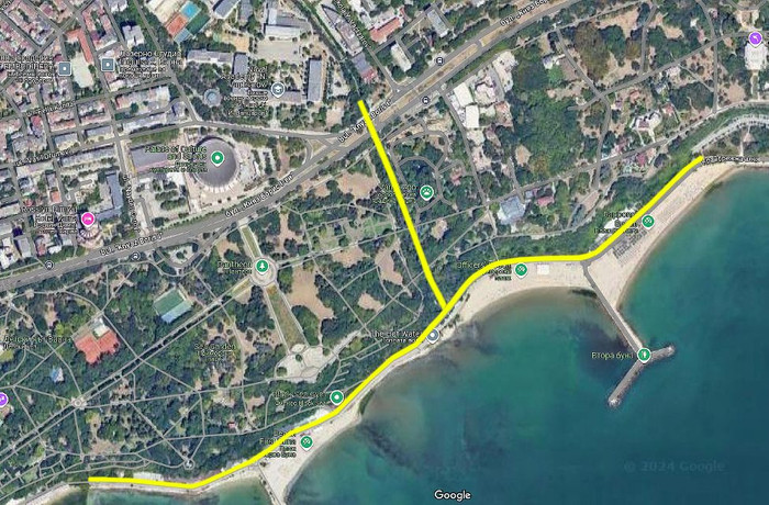 В жълто са маркирани местата на предстоящите дейности, а напречно е очертано протежението на Шокъровия канал. Снимка: "Холдинг Варна"