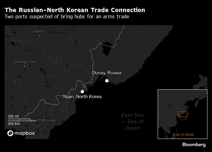 Двете пристанища се смятат за основни в търговията с оръжия между Русия и Северна Корея. Графика: Bloomberg LP