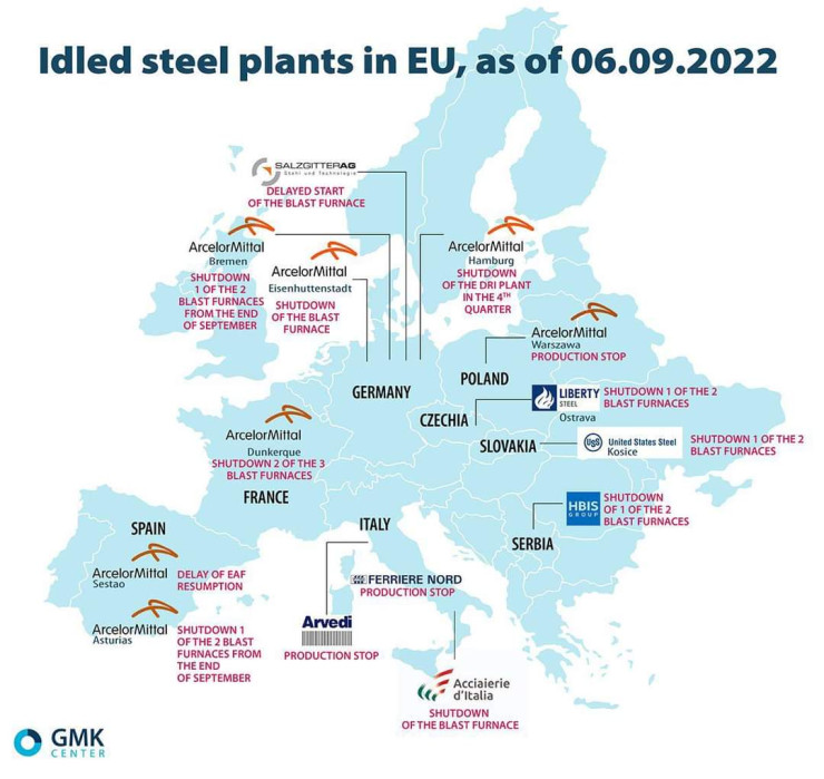 Неработещи стоманодобивни заводи в ЕС. Графика: GMK Center