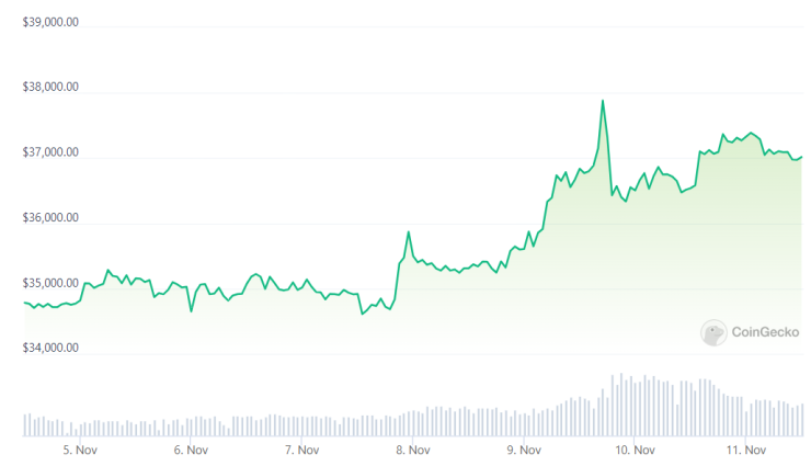 Цената на биткойна през последната седмица. Графика: CoinGecko
