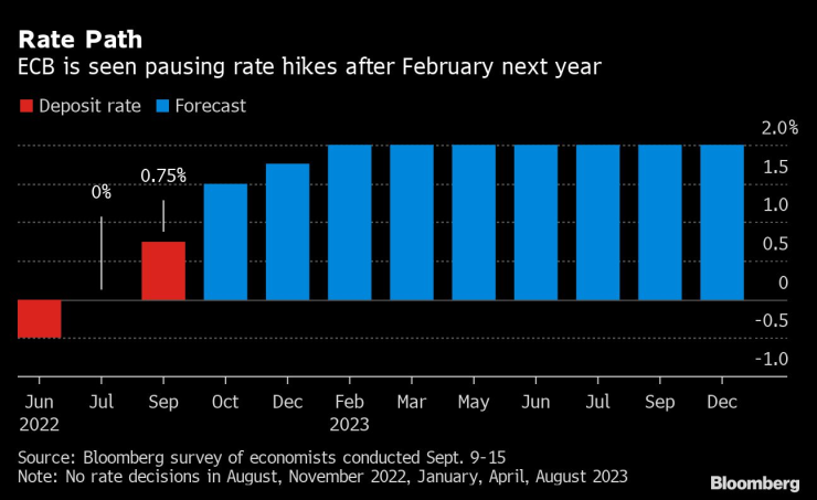 Очаквания на икономистите за лихвения процент на ЕЦБ. Графика: Bloomberg