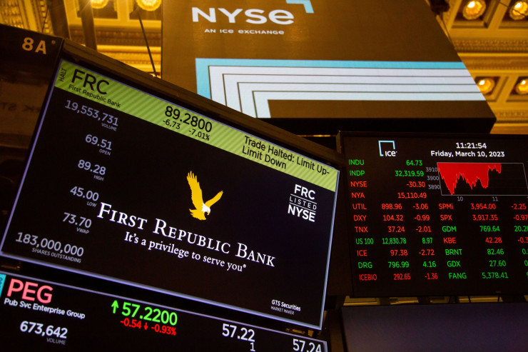Сривът на Silicon Valley Bank повлече надолу и други малки банки. Акциите на First Republic Bank се сринаха с 15%. Michael Nagle/Bloomberg