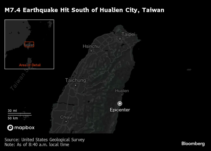 Силно земетресение засегна Тайван. Графика: Bloomberg L.P.