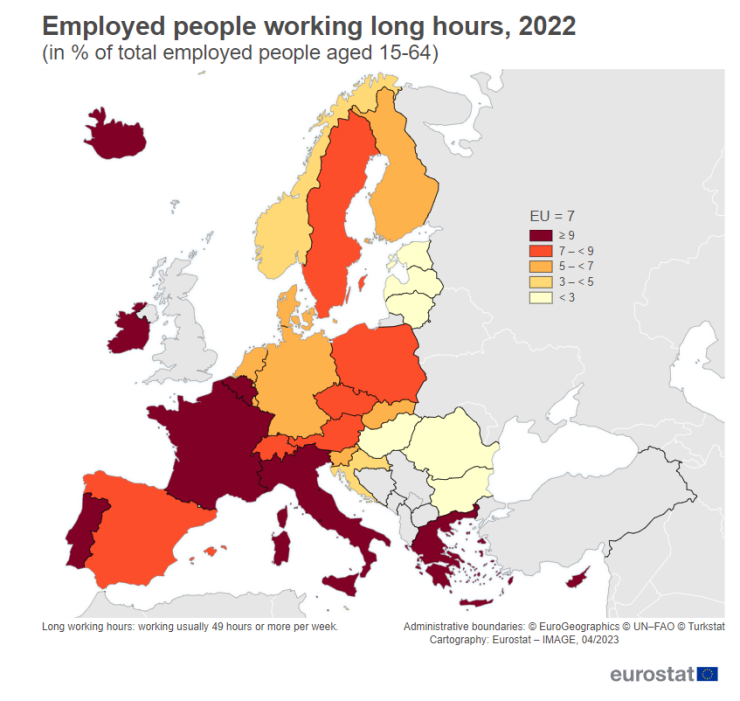 Дял на работещите хора с удължено работно време по страни. Графика: Евростат