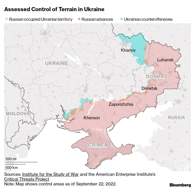 Територията, която Путин иска да анексира. Графика: Bloomberg	