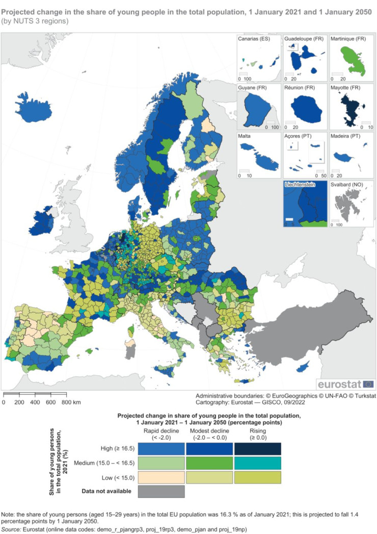 Делът на младото население (15-29 години) в ЕС по региони. Графика: Евростат