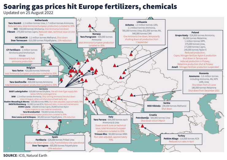 Рязкото покачване на цените на газа удари производителите на торове и химикали в Европа. Графика: ICIS, Natural Earth