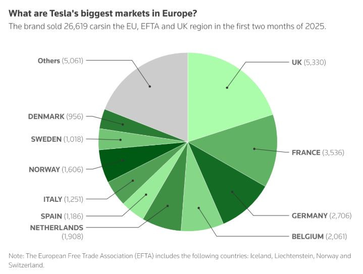 Най-големите пазари на Tesla в Европа. Графика: Ройтерс