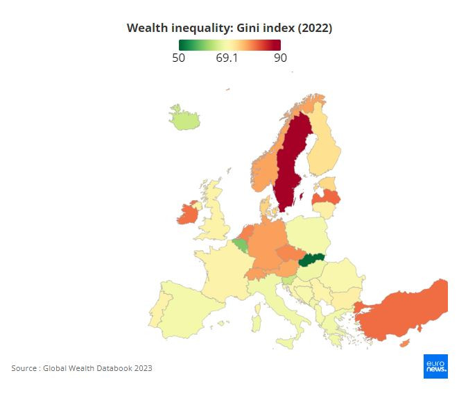 Карта на Европа според коефициента на Джини. Графика: Euronews