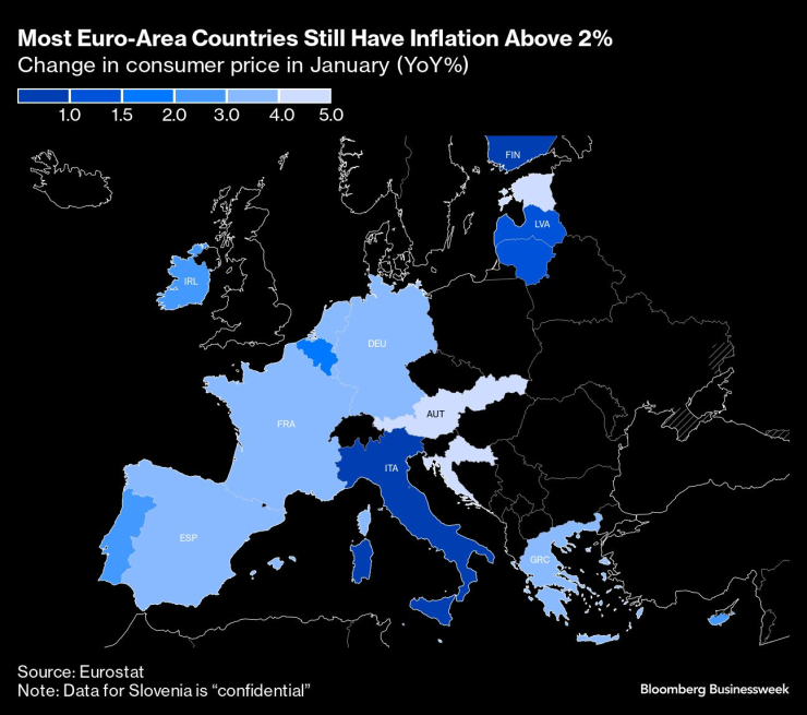 Инфлацията в повече държави от еврозоната остава над целта от 2%. Графика: Bloomberg