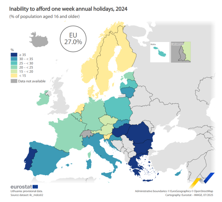 Процент от населението на възраст от 16 години или повече, което не е могло да си позволи едноседмична годишна почивка през 2024 г. Карта: Евростат