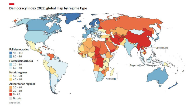 Карта на демокрациите по света. Илюстрация: EIU