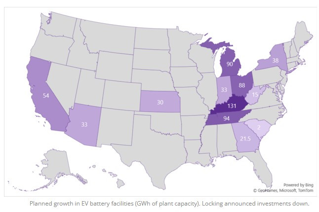 Американски щати, в които има обявени инвестиции за изграждане на фабрики за електромобилни батерии. Източник: Atlas/Clean Technica