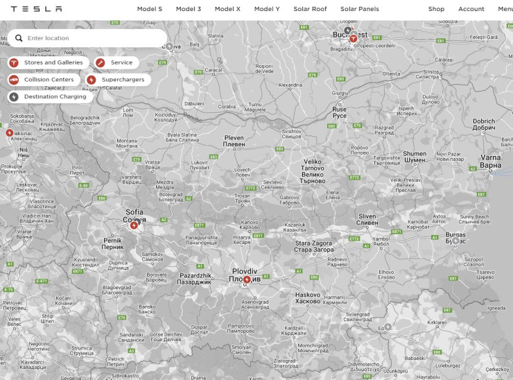 Карта на зарядните станции на Tesla на сайта на компанията.