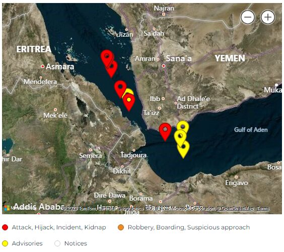 Скорошни инциденти с кораби покрай бреговете на Йемен в Червено море. Карта: Bloomberg