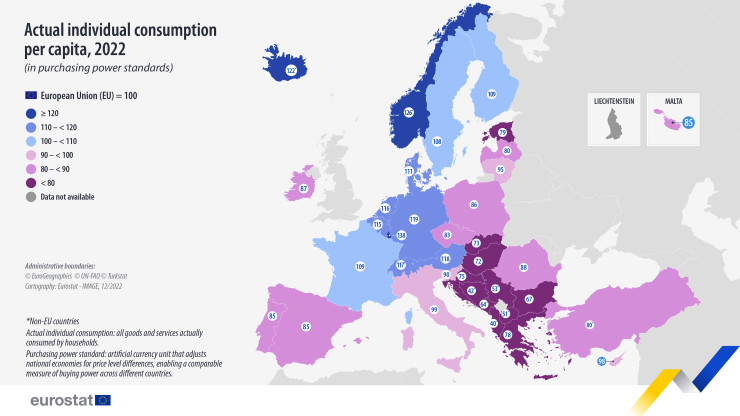 Фактическо индивидуално потребление на глава от населението през 2022 г. Графика: Евростат 