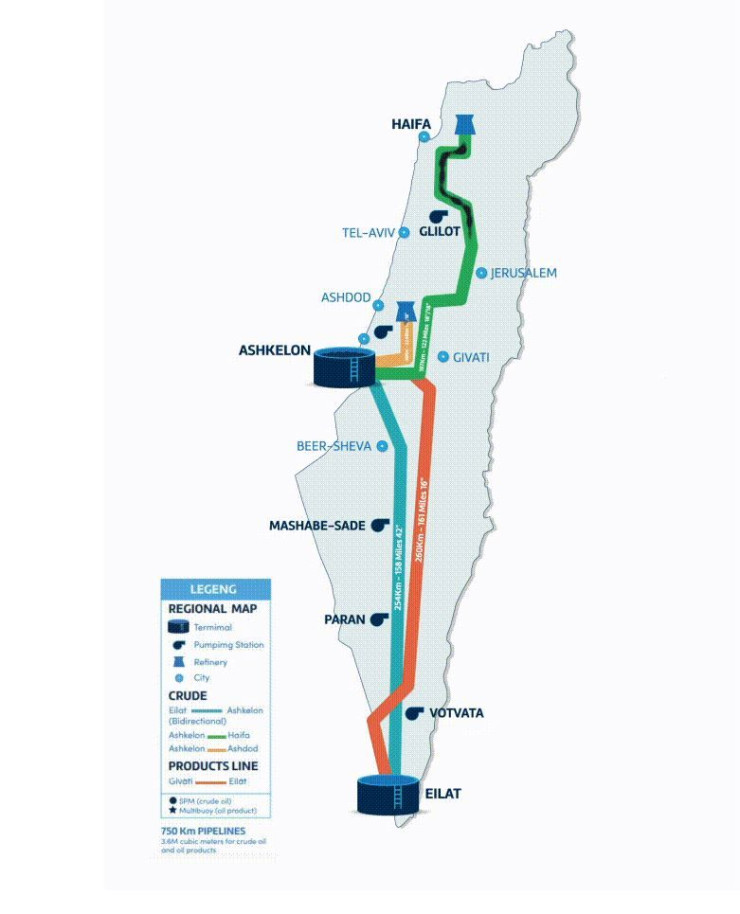 Карта на основните маршрути в Израел за доставка на петрол и съответните терминали. Източник: Bloomberg
