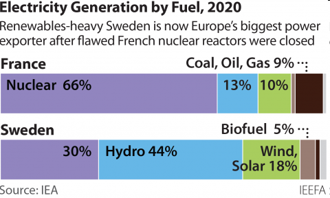 Сравнение на енергийните миксове на Франция и Швеция към 2020 г. Източник: МАЕ