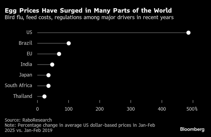 Цените на яйцата нараснаха в много части на света. Графика: Bloomberg LP
