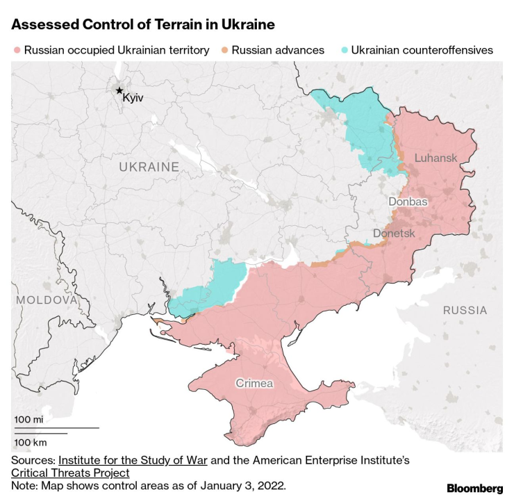 Развитие на бойните действия в Украйна към момента. Графика: Bloomberg 