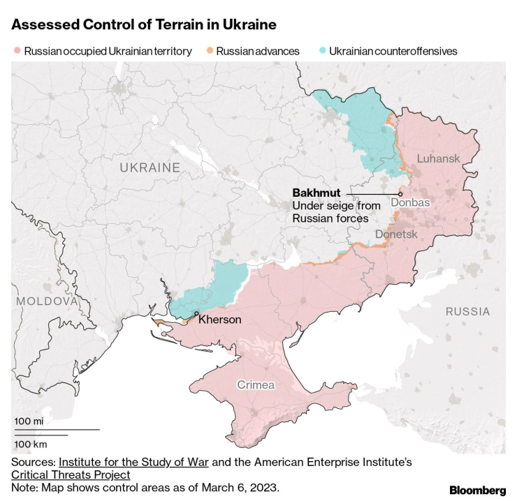 Състоянието на военните действия в Украйна към 23 март. Графика: Bloomberg