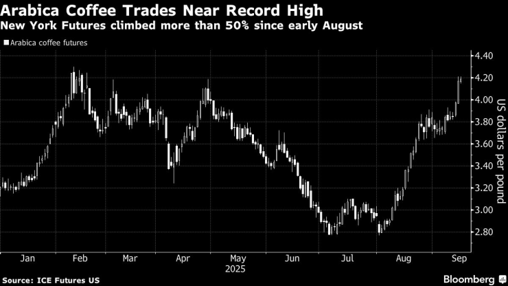 Кафето сорт Арабика се търгува близо до рекорден връх. Графика: Bloomberg LP