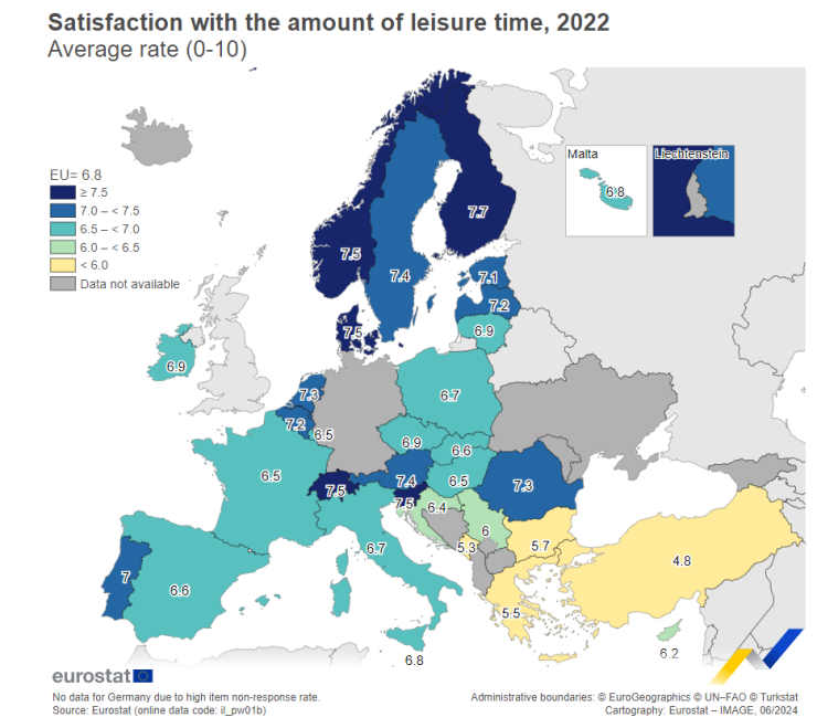 Задоволство от разполагаемото свободно време. Карта: Евростат