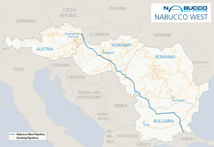 С доставки на газ от Каспийския регион и Близкия изток до повече от 500 млн. потенциални клиенти в Европа, "Набуко" трябваше да е водещият проект в Южния коридор. БГНЕС/ Nabucco Gas Pipeline International GmbH 