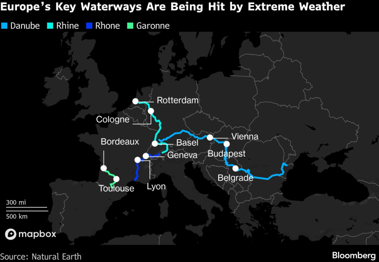 Ключови водни пътища в Европа са засегнати от крайните метеорологични условия. Карта: Bloomberg LP