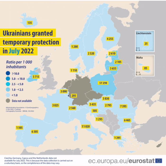Украинци, получили временна закрила в ЕС през юли. Графика: Евростат
