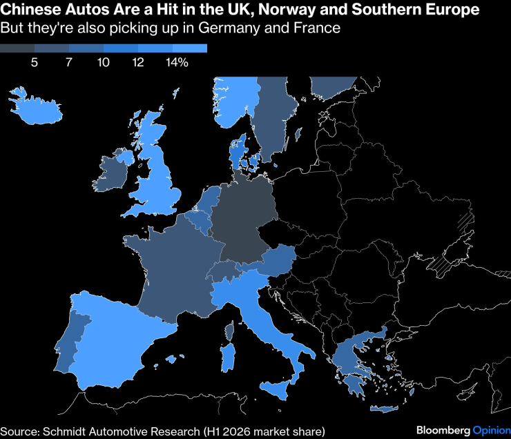 Делът на китайските автомобили расте в редица страни в Европа. Графика: Bloomberg
