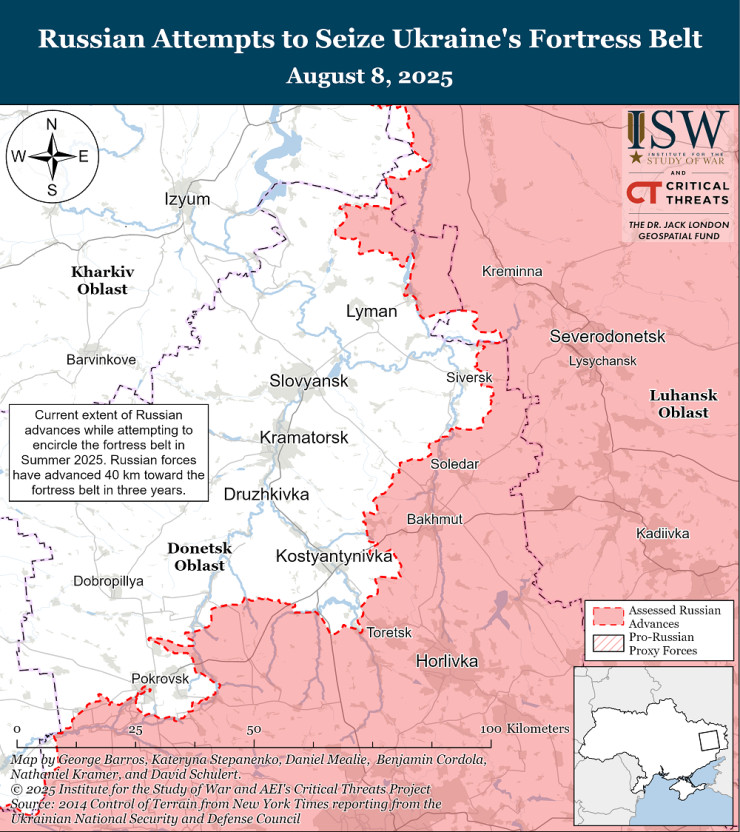 Фронтовата линия в Донецка област. Схема: ISW