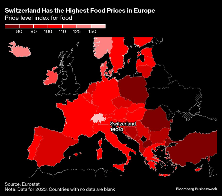 Швейцария има най-високите цени на храните в Европа. Графика: Bloomberg LP
